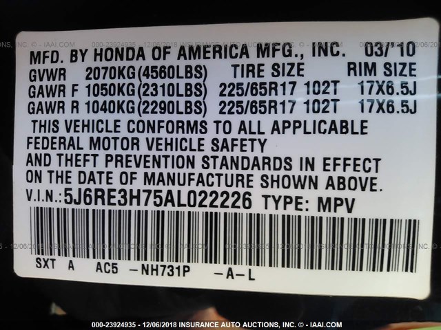 5J6RE3H75AL022226 - 2010 HONDA CR-V EXL BLACK photo 9