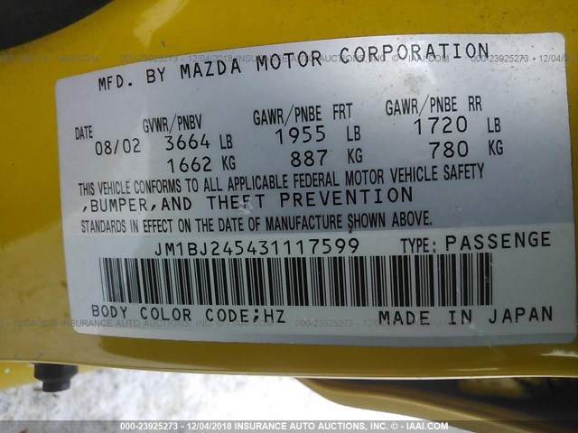 JM1BJ245431117599 - 2003 MAZDA PROTEGE PR5 YELLOW photo 9