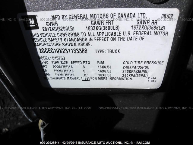 2GCEC19X231133368 - 2003 CHEVROLET SILVERADO C1500 GRAY photo 9