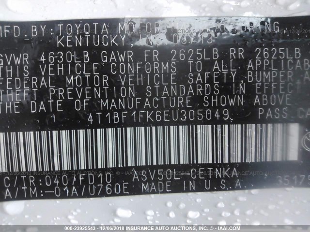 4T1BF1FK6EU305049 - 2014 TOYOTA CAMRY L/SE/LE/XLE 白色 照片 9