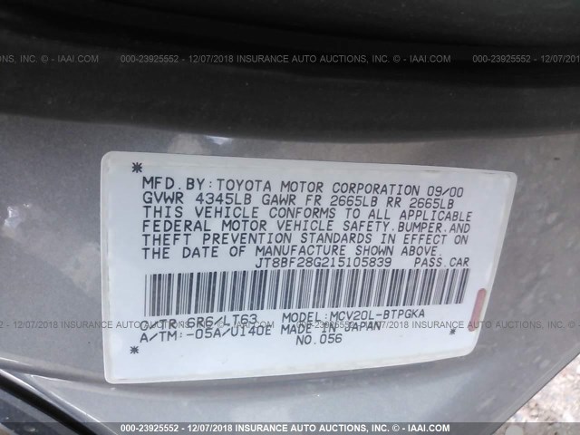 JT8BF28G215105839 - 2001 LEXUS ES 300 GRAY photo 9