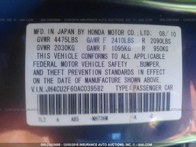 JH4CU2F60AC039582 - 2010 ACURA TSX GRAY photo 9