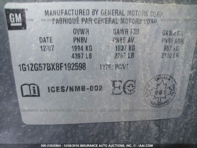 1G1ZG57BX8F192598 - 2008 CHEVROLET MALIBU LS GRAY photo 9