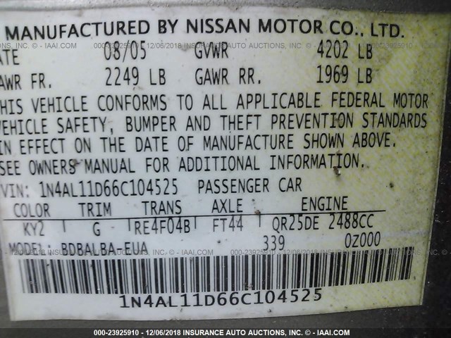 1N4AL11D66C104525 - 2006 NISSAN ALTIMA BROWN photo 9