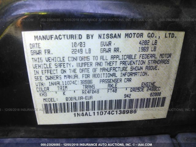 1N4AL11D74C138986 - 2004 NISSAN ALTIMA S/SL BLACK photo 9