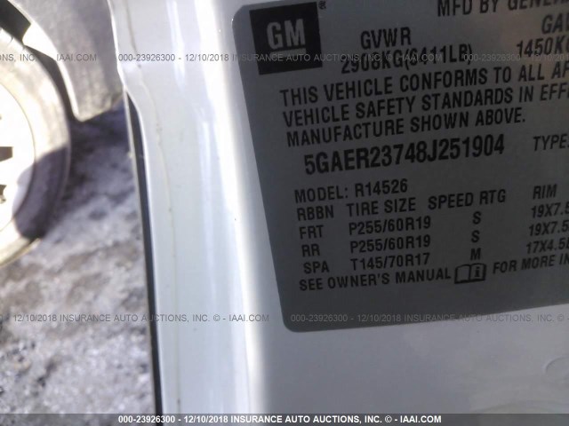 5GAER23748J251904 - 2008 BUICK ENCLAVE CXL WHITE photo 9