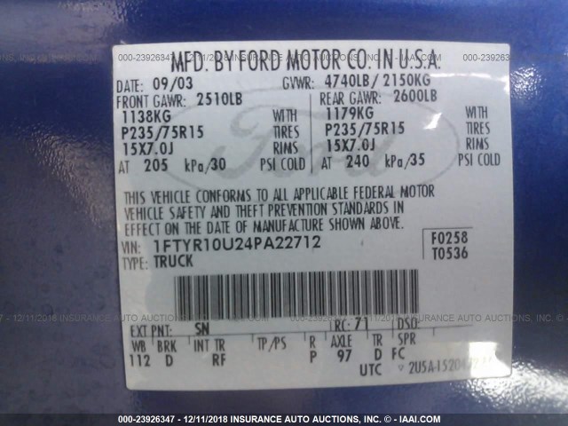 1FTYR10U24PA22712 - 2004 FORD RANGER BLUE photo 9