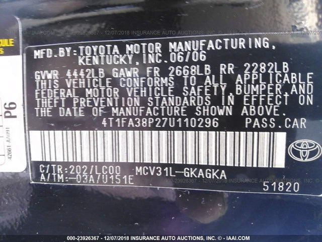 4T1FA38P27U110296 - 2007 TOYOTA CAMRY SOLARA SE/SLE შავი ფოტო 9