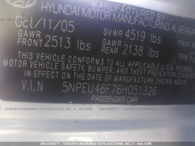 5NPEU46F76H051326 - 2006 HYUNDAI SONATA GLS/LX SILVER photo 9