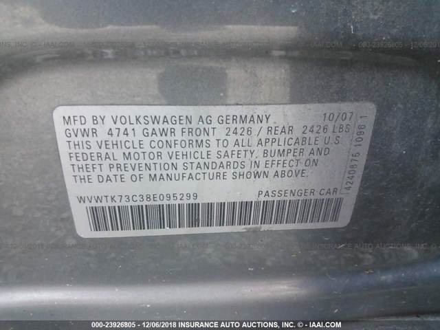 WVWTK73C38E095299 - 2008 VOLKSWAGEN PASSAT WAGON LUX GRAY photo 9