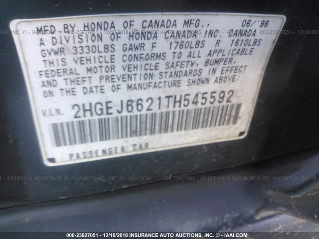 2HGEJ6621TH545592 - 1996 HONDA CIVIC DX GREEN photo 9