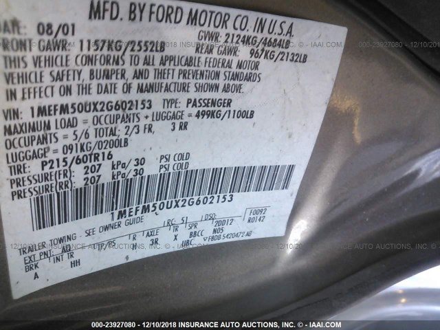 1MEFM50UX2G602153 - 2002 MERCURY SABLE GS/GS PLUS BROWN photo 9