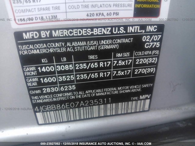 4JGBB86E07A235311 - 2007 MERCEDES-BENZ ML 350 SILVER photo 9