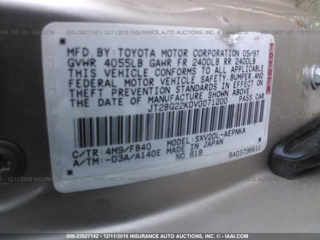 JT2BG22K0V0071200 - 1997 TOYOTA CAMRY LE/XLE 金色 照片 9