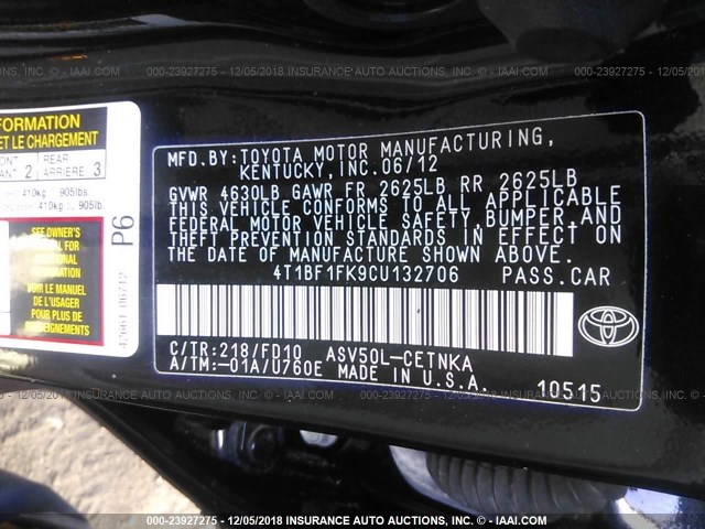 4T1BF1FK9CU132706 - 2012 TOYOTA CAMRY SE/LE/XLE BLACK photo 9