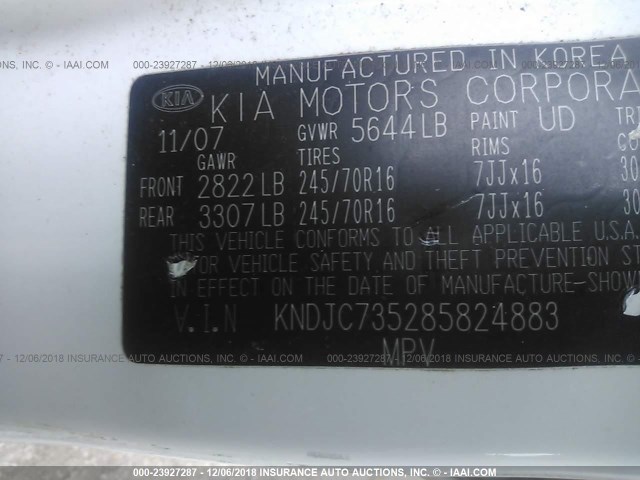 KNDJC735285824883 - 2008 KIA SORENTO EX/LX WHITE photo 9