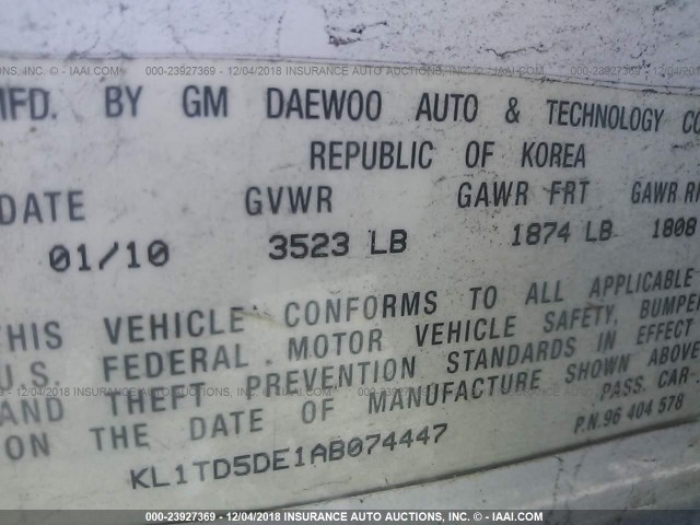 KL1TD5DE1AB074447 - 2010 CHEVROLET AVEO LS/LT Ақ фото 9