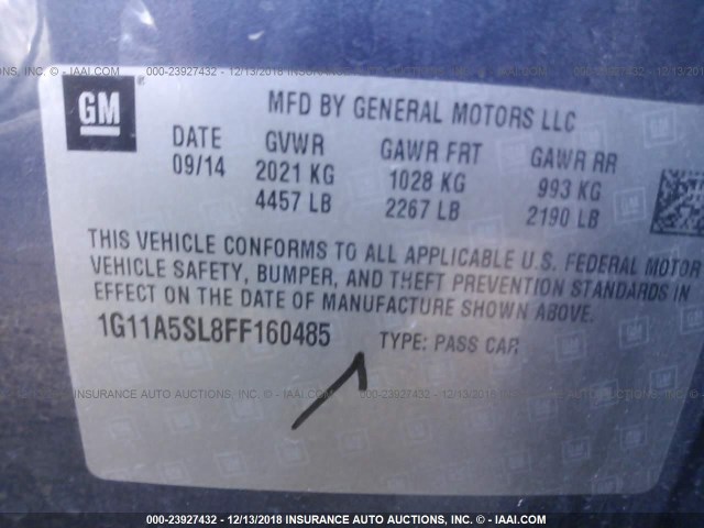 1G11A5SL8FF160485 - 2015 CHEVROLET MALIBU LS Mavi foto 9