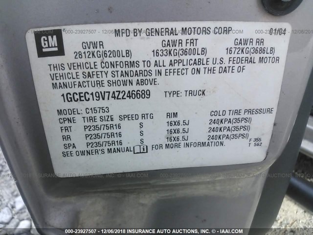 1GCEC19V74Z246689 - 2004 CHEVROLET SILVERADO C1500 SILVER photo 9