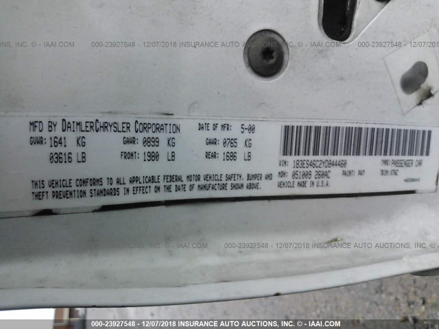 1B3ES46C2YD844460 - 2000 DODGE NEON ES WHITE photo 9