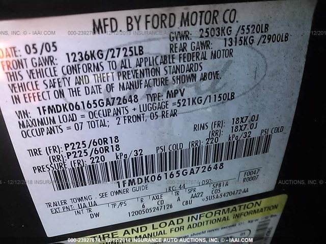 1FMDK06165GA72648 - 2005 FORD FREESTYLE LIMITED BLACK photo 9