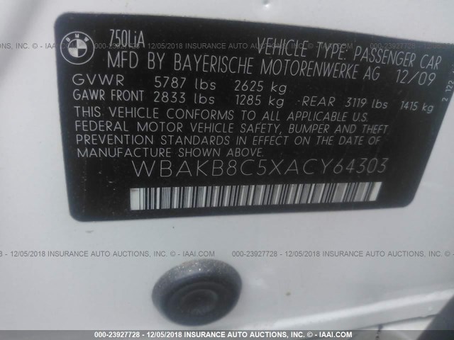 WBAKB8C5XACY64303 - 2010 BMW 750 LI WHITE photo 9