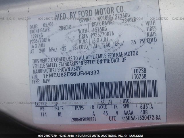 1FMEU62E66UB44333 - 2006 FORD EXPLORER XLS TAN photo 9