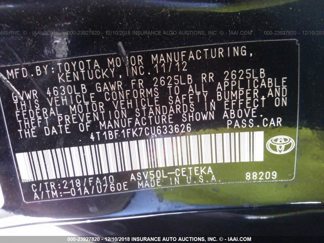 4T1BF1FK7CU633626 - 2012 TOYOTA CAMRY SE/LE/XLE BLACK photo 9