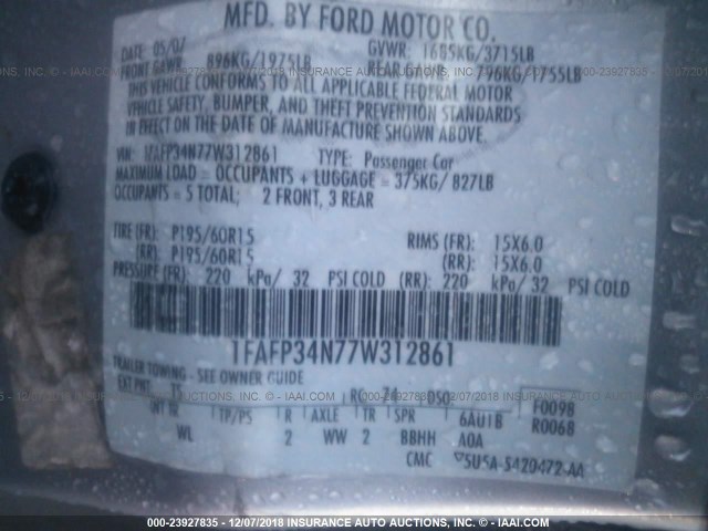 1FAFP34N77W312861 - 2007 FORD FOCUS ZX4/S/SE/SES ვერცხლისფერი ფოტო 9