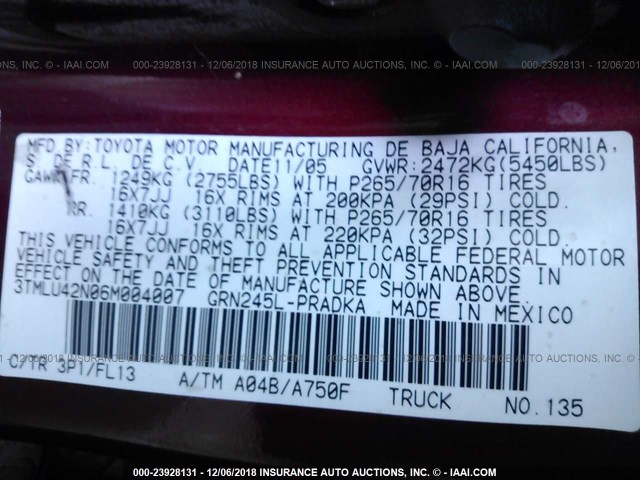 3TMLU42N06M004007 - 2006 TOYOTA TACOMA DOUBLE CAB 红色 照片 9