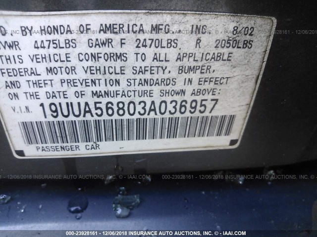 19UUA56803A036957 - 2003 ACURA 3.2TL TYPE-S GRAY photo 9