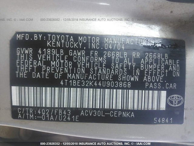 4T1BE32K44U903868 - 2004 TOYOTA CAMRY LE/XLE/SE GOLD photo 9