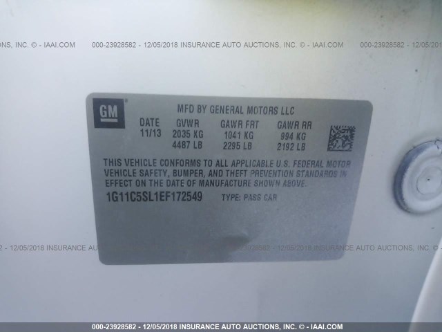 1G11C5SL1EF172549 - 2014 CHEVROLET MALIBU 1LT 白色 照片 9