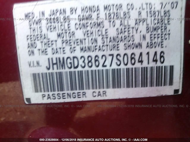 JHMGD38627S064146 - 2007 HONDA FIT S 红色 照片 9