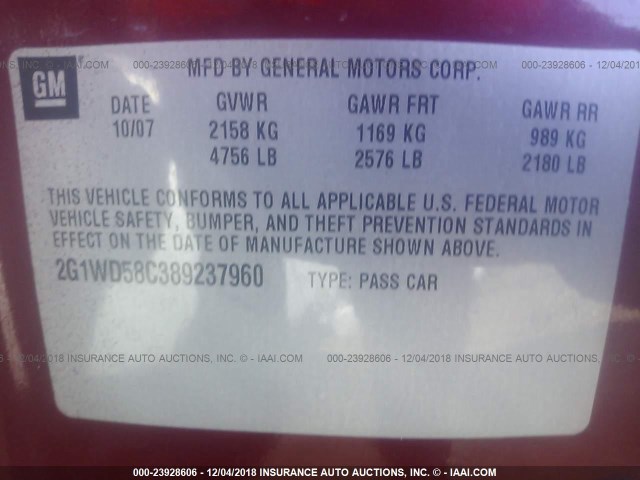 2G1WD58C389237960 - 2008 CHEVROLET IMPALA SUPER SPORT RED photo 9