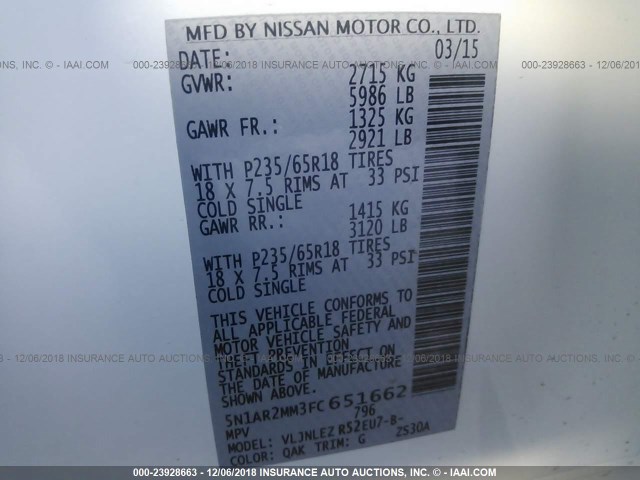 5N1AR2MM3FC651662 - 2015 NISSAN PATHFINDER S/SV/SL/PLATINUM WHITE photo 9