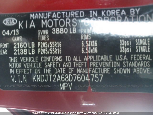 KNDJT2A68D7604757 - 2013 KIA SOUL +/!/SPORT RED photo 9