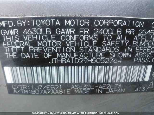 JTHBA1D29H5052764 - 2017 LEXUS IS 200T GRAY photo 9