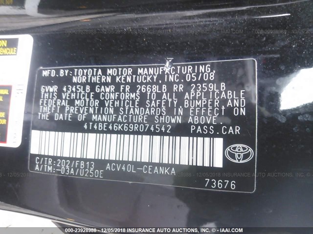 4T4BE46K69R074542 - 2009 TOYOTA CAMRY SE/LE/XLE 黑色 照片 9
