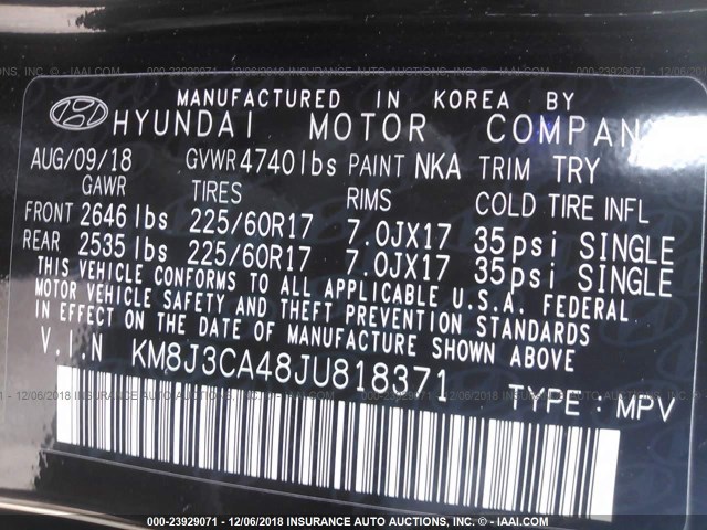 KM8J3CA48JU818371 - 2018 HYUNDAI TUCSON SEL/SEL PLUS BLACK photo 9