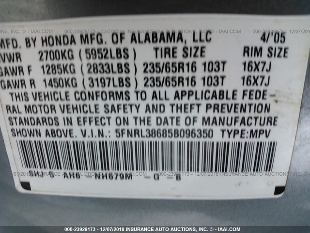 5FNRL38685B096350 - 2005 HONDA ODYSSEY EXL GREEN photo 9