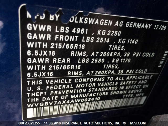 WVGBV7AX4AW002410 - 2010 VOLKSWAGEN TIGUAN SE/SEL BLUE photo 9