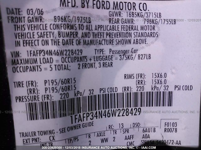 1FAFP34N46W228429 - 2006 FORD FOCUS ZX4 GRAY photo 9