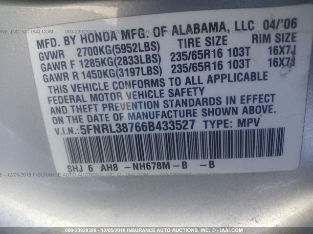 5FNRL38766B433527 - 2006 HONDA ODYSSEY EXL SILVER photo 9