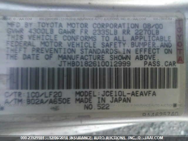 JTHBD182610012999 - 2001 LEXUS IS 300 SILVER photo 9