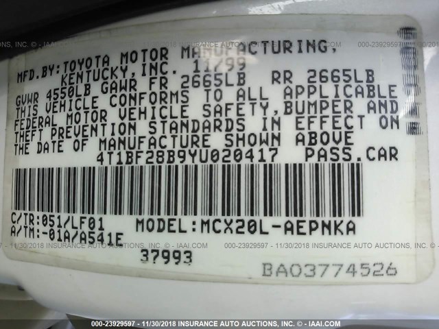 4T1BF28B9YU020417 - 2000 TOYOTA AVALON XL/XLS WHITE photo 9