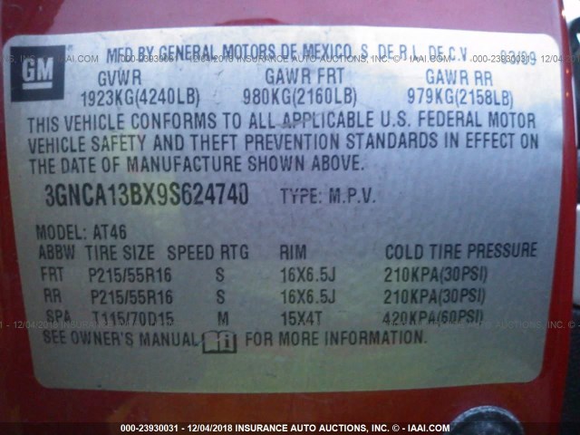 3GNCA13BX9S624740 - 2009 CHEVROLET HHR LS RED photo 9