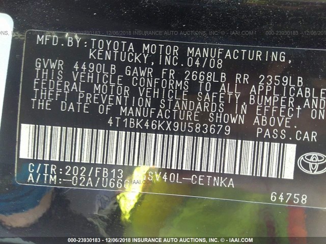 4T1BK46KX9U583679 - 2009 TOYOTA CAMRY SE/LE/XLE 黑色 照片 9