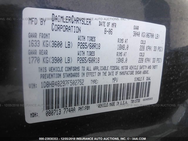 1D8HB48297F502752 - 2007 DODGE DURANGO SLT GRAY photo 9