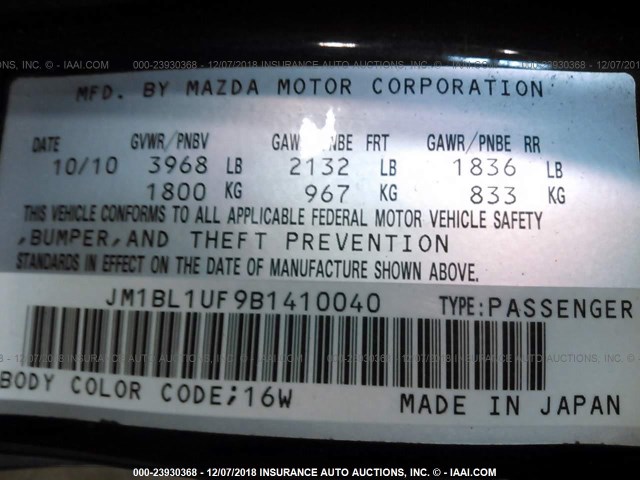 JM1BL1UF9B1410040 - 2011 MAZDA 3 I 黑色 照片 9